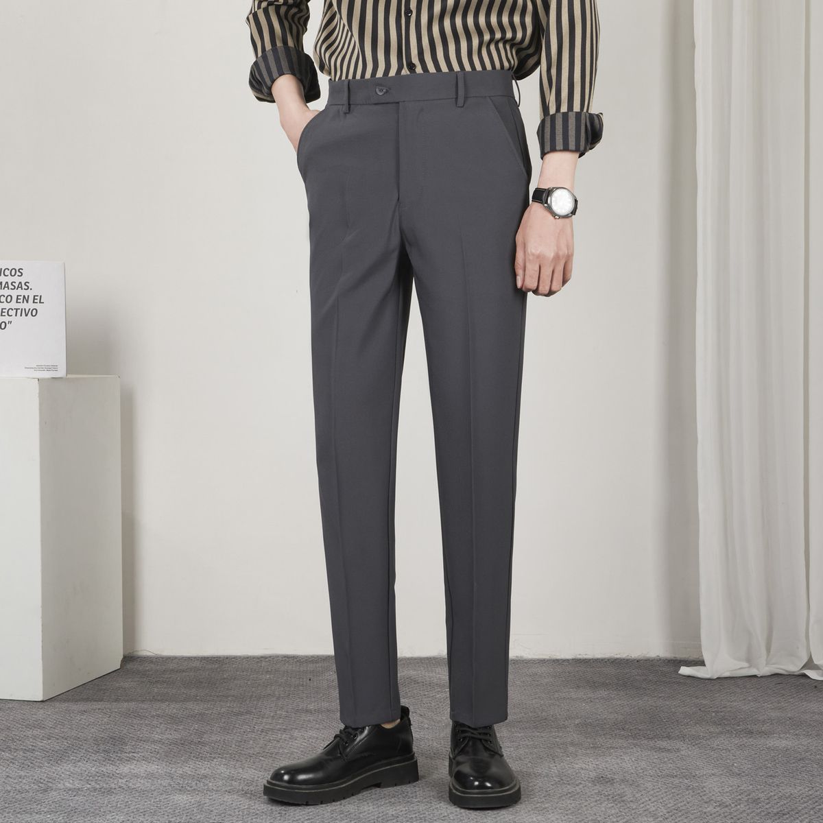 Men's Straight Leg Slim Fit Cropped Trousers 2024 Korean Style Trendy Wrinkle Free Elastic Casual Bottoms_viptrois.com