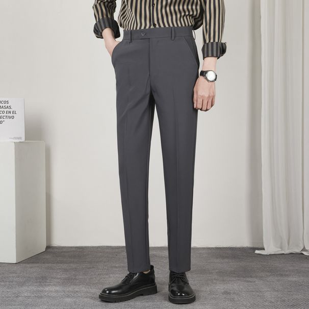 Men's Straight Leg Slim Fit Cropped Trousers 2024 Korean Style Trendy Wrinkle Free Elastic Casual Bottoms_viptrois.com