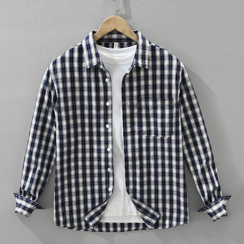 Checkered Fresh Long Sleeved Shirt For Men, Fashionable And Versatile, Artistic And Casual Loose Top_viptrois.com