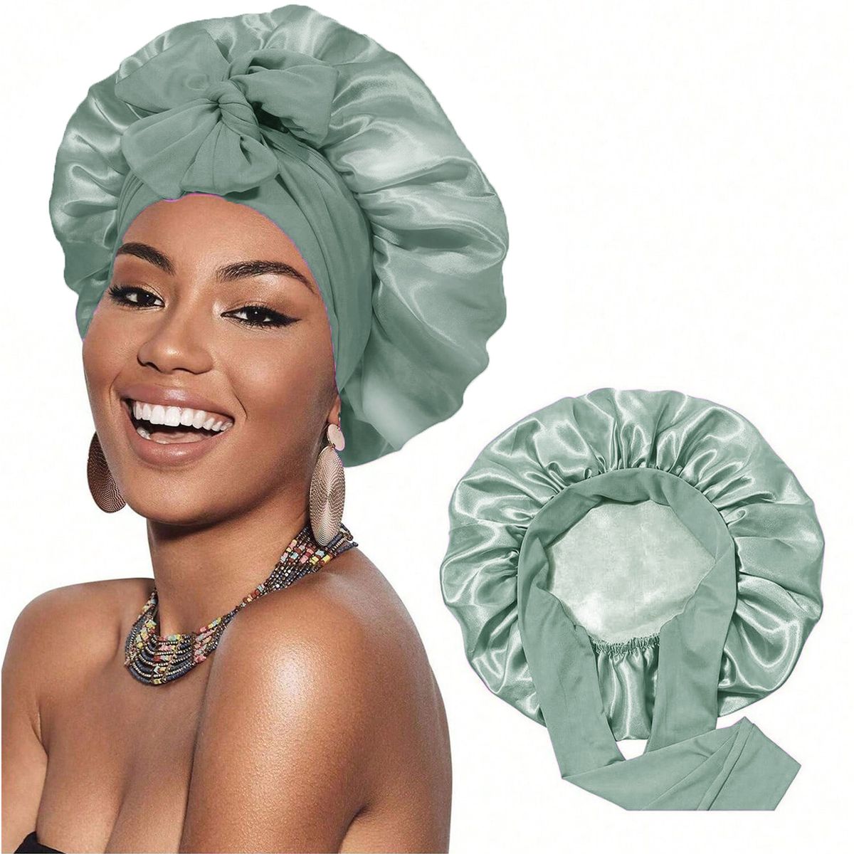 double layer satin nightcap, ribbon style women's round hat, double sided wide brimmed high elastic hair care hat_viptrois.com