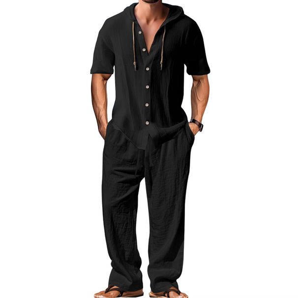 Men's Linen Hooded Short Sleeved Shirt And Trousers Casual Sportswear Set Black Khaki White Gray_viptrois.com