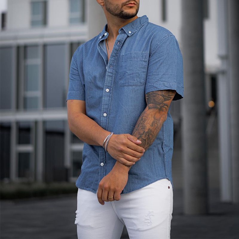 Men's Clothing Solid Color Denim Shirt Short Sleeved T Shirt Casual Loose T Shirt_viptrois.com