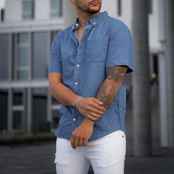 Men's Clothing Solid Color Denim Shirt Short Sleeved T Shirt Casual Loose T Shirt_viptrois.com