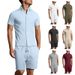 New Men's Solid Color Jacquard Shirt Casual Short Sleeve Shorts Two-piece Set_viptrois.com