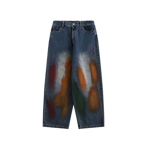 American High Street Ink Washed Denim Men's Design Sense Oversized Paint Splatter Niche Loose Casual Pants_viptrois.com