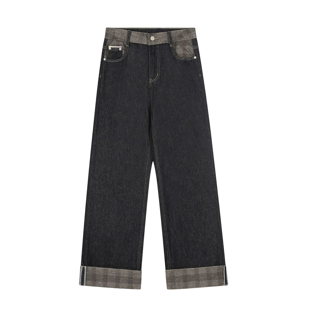 Patchwork Plaid Rolled Hem Denim Straight American Cleanfit Trendy Personality Loose Casual Long Pants For Men_viptrois.com