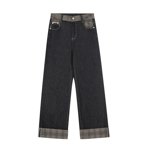 Patchwork Plaid Rolled Hem Denim Straight American Cleanfit Trendy Personality Loose Casual Long Pants For Men_viptrois.com