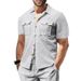 Men's Clothing Waffle Short Sleeved Casual Solid Color Lapel Button Pocket Versatile Shirt_viptrois.com