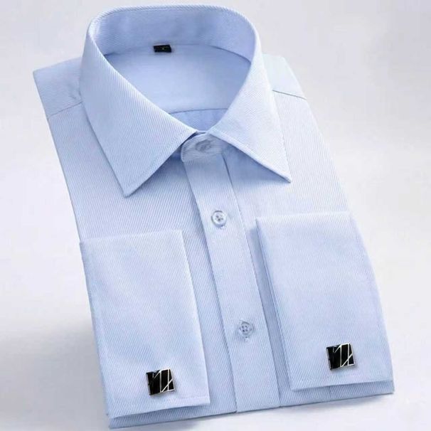 Men's Solid Dress Shirt With Classic French Cuffs, Standard Fit, Long Sleeves, For Business Or Social Occasions. White, Black, Yellow._viptrois.com