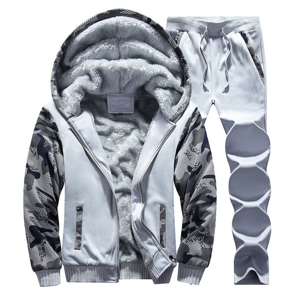Men's Clothing Autumn and winter men's velvet sports and leisure suits men's camouflage fashion hooded thickened warm sweatshirt two-piece set_viptrois.com