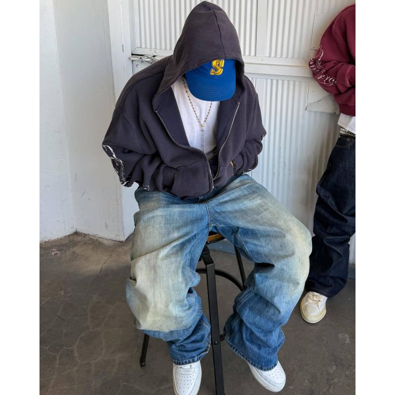 Men's Long Sleeved Pullover Zip Up Printed Sweatshirt Jacket Y2K Retro Hoodie Trendy Street Style Loose Fit High Street_viptrois.com