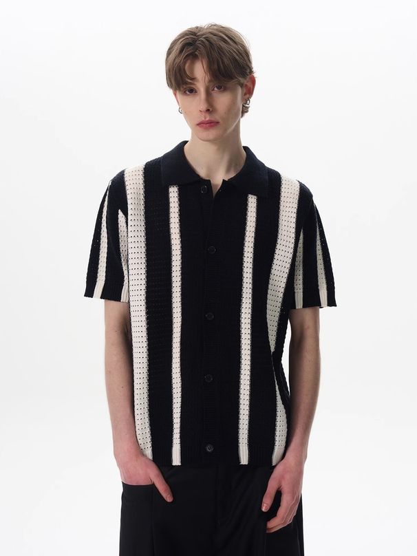 Men’s Hollow Vertical Stripes Lapel Sweater Knitted Short Sleeved T Shirt_viptrois.com