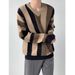 Striped V-Neck Knit Sweater – Relaxed Fit Pullover (Breathable Cotton Blend, Contrast Color Blocking, Fall/Winter Layering Essential)_viptrois.com