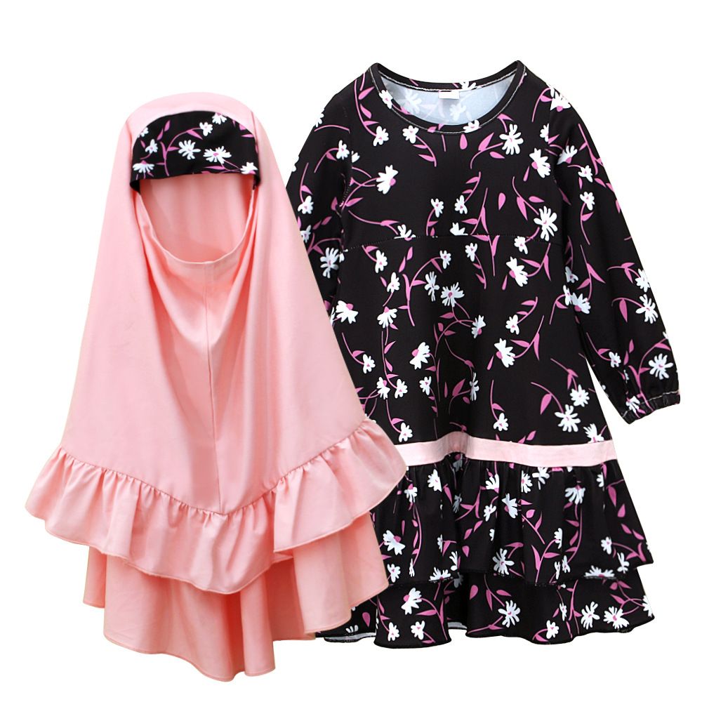 Mother & Kids Girls children's spring and autumn style long sleeved round neck dress + headscarf two piece children's clothing_viptrois.com