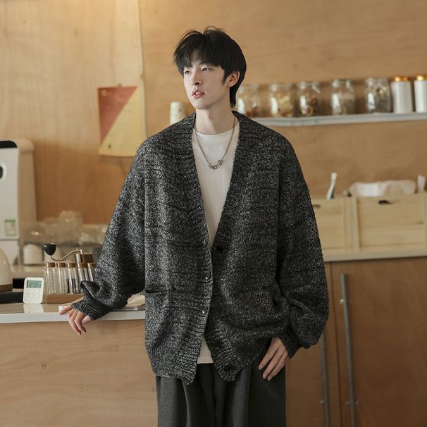 Men's Clothing Retro Trendy Casual Sweater For Men, Autumn And Winter, Loose Fit, Versatile V Neck Jacquard Knit Cardigan, Trendy Couple Style._viptrois.com