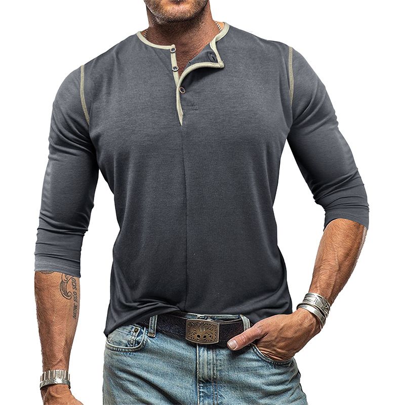 Men's Clothing Long Sleeve Henley Shirt Cotton Blend Casual T-Shirt For Autumn Winter - Slim Fit Crew Neck Tee In White, Black, Navy, Olive & More_viptrois.com