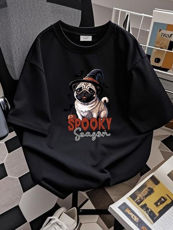 Pug Halloween T Shirt Lover Funny Fall Mom For Spooky Season Owner Stretched Versatile Casual Soft Summer Slightly Streetwear Designer Clothes_viptrois.com
