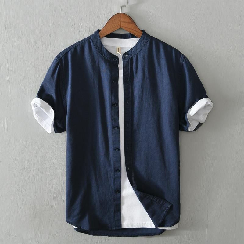 Men's Clothing Stand Collar Linen Shirt Short Sleeved Cotton And Linen Shirt Summer Thin Loose Casual Linen Shirt_viptrois.com