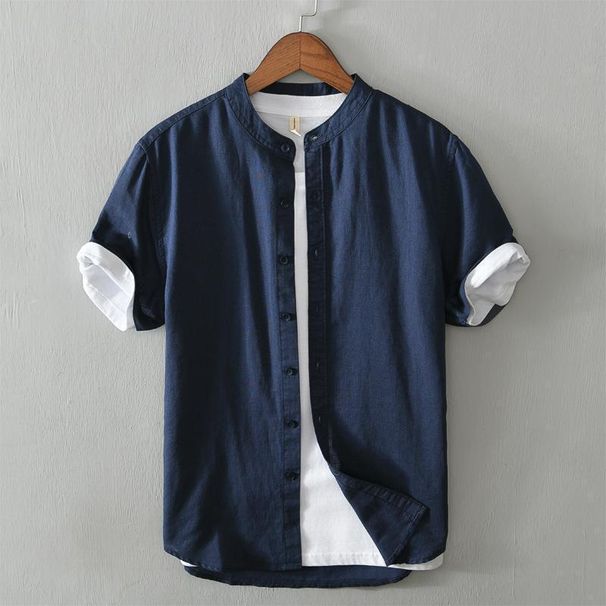 Men's Clothing Stand Collar Linen Shirt Short Sleeved Cotton And Linen Shirt Summer Thin Loose Casual Linen Shirt_viptrois.com