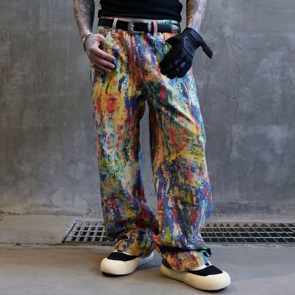 Men's Clothing Illusion Paint High Version Graffiti Jeans Original Straight Pants Leg Pants_viptrois.com