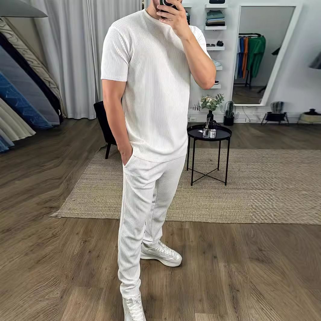 Men's Clothing Slim Round Neck Pullover Short Sleeved Trousers Two Piece Suit Casual Solid Color Sports Men_viptrois.com