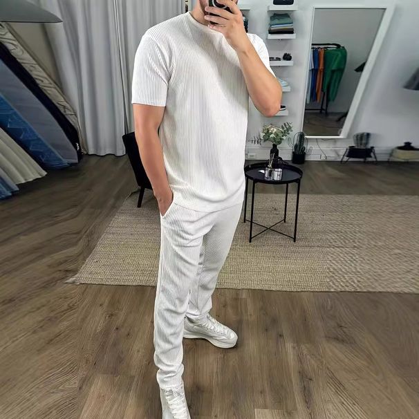 Men's Clothing Slim Round Neck Pullover Short Sleeved Trousers Two Piece Suit Casual Solid Color Sports Men_viptrois.com