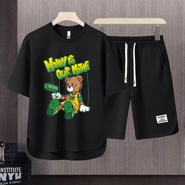 Men's Clothing 2024 Waffle Casual Summer Suit Men's Loose Teen Short sleeved T shirt Shorts Handsome Two piece Suit_viptrois.com