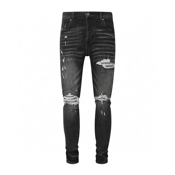 Men's Clothing Men's Smoky Grey Jeans With Ripped Knees And Hot Diamond Patches, Stretchy, Slim Fit And Stylish_viptrois.com