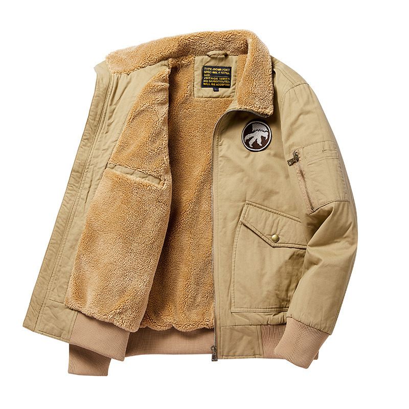 Men's Clothing Bomber Jacket Fleece Lined Cotton Coat With Thick Warm Padding, Oversized Workwear Style, Multiple Pockets – Khaki, Navy, Army Green_viptrois.com