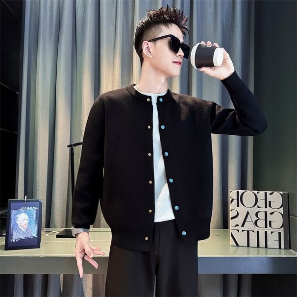Pure Autumn Winter New Korean Style Black Button Cardigan High-end Casual Knitted Sweater Round Neck Men's Trendy Warm Jacket_viptrois.com
