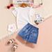 Mother & Kids INS Girls Fashion Denim & Banana Print Round Neck Short Sleeved T Shirt Set_viptrois.com