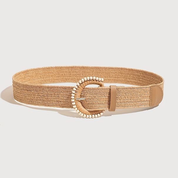 Women's Belts Popular Bohemian Style PP Grass Woven Wooden Bead Buckle Belt Suitable For Summer Beach With Skirt_viptrois.com