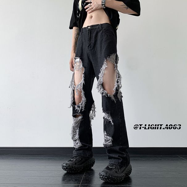Distressed Frayed Hem Flared Jeans For Men Summer American Vibe Style Casual High-End Slim Fit Long Pants_viptrois.com