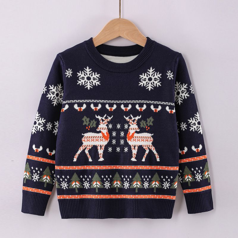 Boys & Girls Christmas Knit Sweater Long Sleeve Pullover Kids Winter Warm Top With Cartoon Print (100-160cm)_viptrois.com