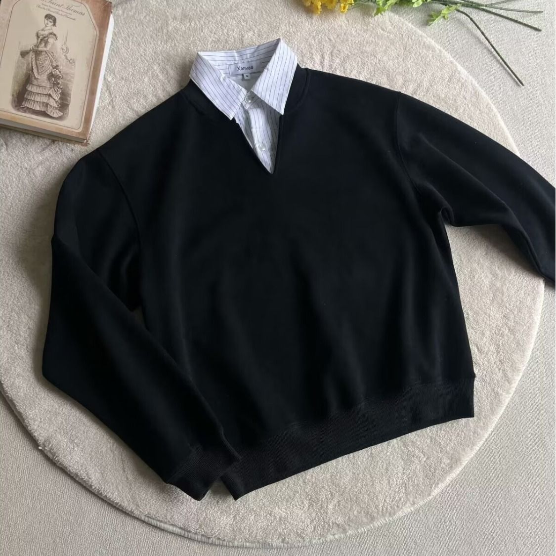 Black Two-Piece Collar Sweatshirt For Men, Autumn And Winter Cleanfit High-End College Style Long Sleeve Polo Shirt_viptrois.com
