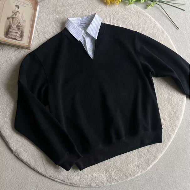 Black Two-Piece Collar Sweatshirt For Men, Autumn And Winter Cleanfit High-End College Style Long Sleeve Polo Shirt_viptrois.com