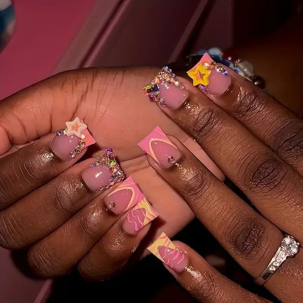 Beauty & Health Push On Wearable Nails With Flashing Diamonds And Star Nails European Square Medium Nails_viptrois.com