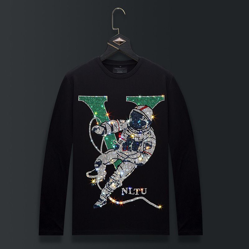 Men's Clothing Long sleeved T shirt for men in autumn, casual bottoming shirt, slim fit, large round neck top, men's hot diamond astronaut_viptrois.com