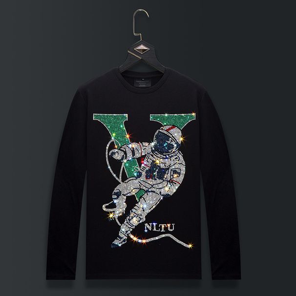 Men's Clothing Long sleeved T shirt for men in autumn, casual bottoming shirt, slim fit, large round neck top, men's hot diamond astronaut_viptrois.com