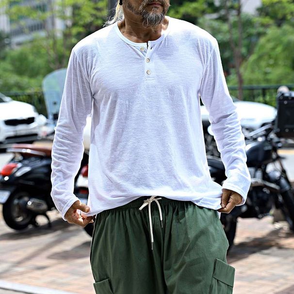 Men's Clothing Autumn New Henry Collar T Shirt Casual Solid Color Long Sleeve Loose Tops_viptrois.com