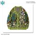 Cartoon Dinosaur Print Sweater – 3D Embossed V-Neck Knit Cardigan For Women & Couples (S-XL, Black/Green/Beige, Rayon-Polyester Blend, Spring Tops)_viptrois.com