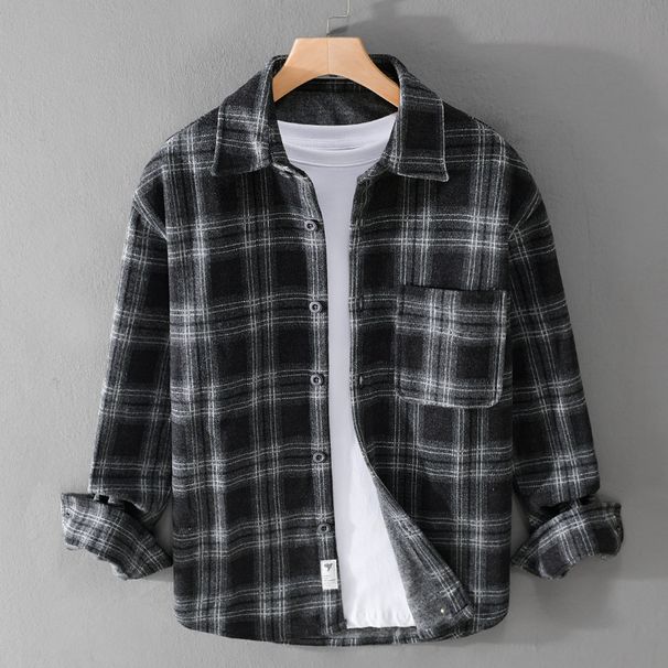 Thick Brushed Men's Long Sleeved Shirt For Autumn And Winter, Casual Plaid Loose Men's Woolen Top Jacket_viptrois.com
