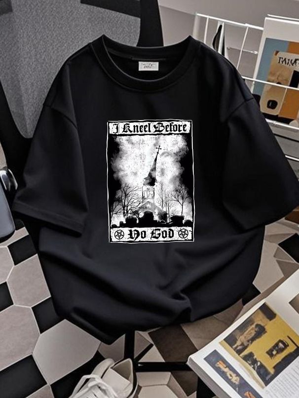 I Kneel Before No God Burning Church Satanic Witchcra Retro Vintage Art T-Shirt Comfortable Graphic Streetwear Unisex Breathable Versatile Fashion_viptrois.com