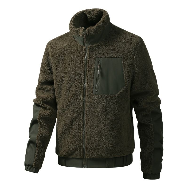 Men's Fleece-Lined Winter Jacket - Thickened Polyester Bomber Coat With Stand Collar (Black/Camel/Green/Navy)_viptrois.com