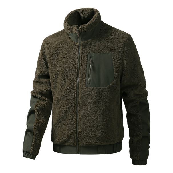 Men's Fleece-Lined Winter Jacket - Thickened Polyester Bomber Coat With Stand Collar (Black/Camel/Green/Navy)_viptrois.com