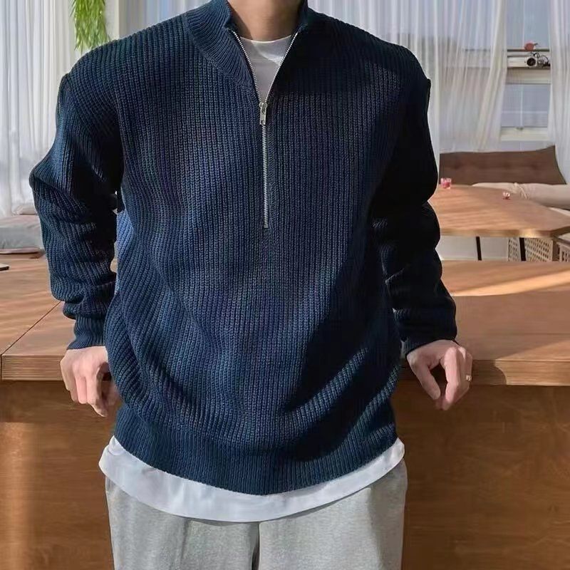Men's Half-Zip Stand Collar Sweater – Lightweight Loose Fit Knit Pullover (4 Classic Colors, M-XXXL)_viptrois.com