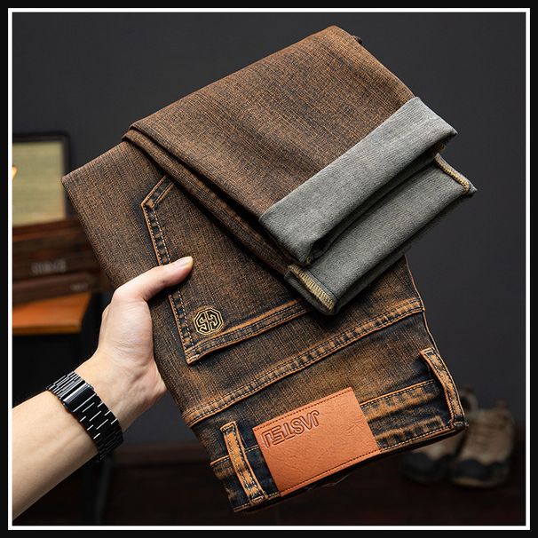 Men's Clothing Brown High End Jeans Men's Spring And Autumn New Elastic Slim All Match Straight Casual Trendy Long Pants_viptrois.com