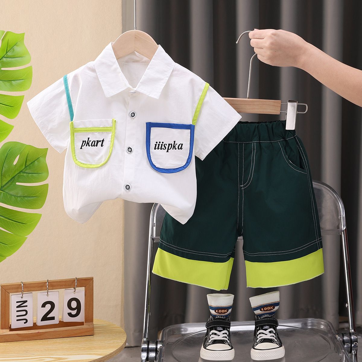 Boys' Color Blocked Pocket Shirt Short Sleeve 2025 New Korean Handsome Set For Children, Two Piece Set, Baby Cool_viptrois.com