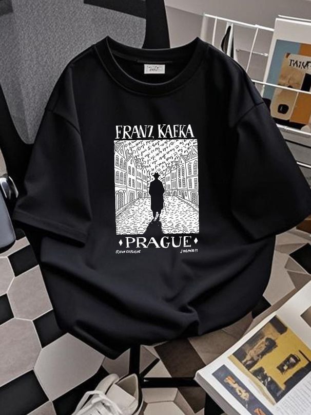 Vintage 1991 Franz Kafka Prague Art T Shirt Size XL Black Top For Everyday Wear Casual Summer Graphic Streetwear Stylish Designer Clothes_viptrois.com