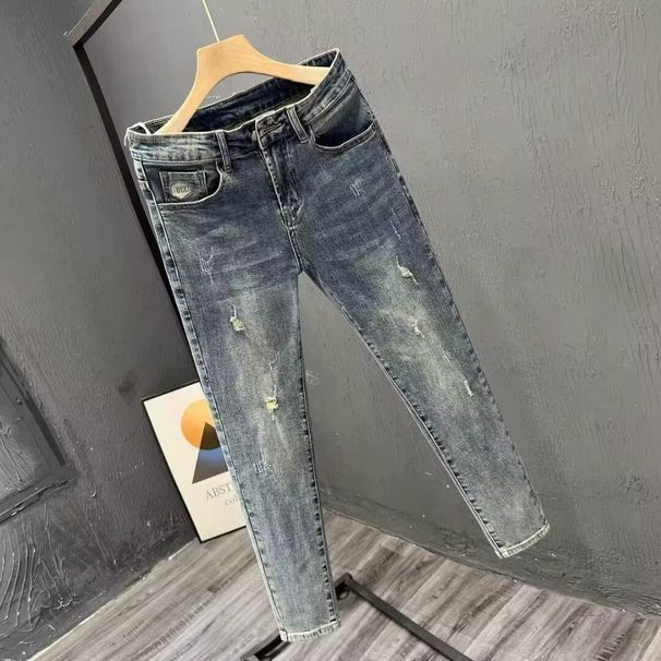 Trendy Brand Spring Summer New Men's Fashion Cat Scratch Ripped Jeans Korean Style Elastic Slim Fit Ankle-Length Pants_viptrois.com